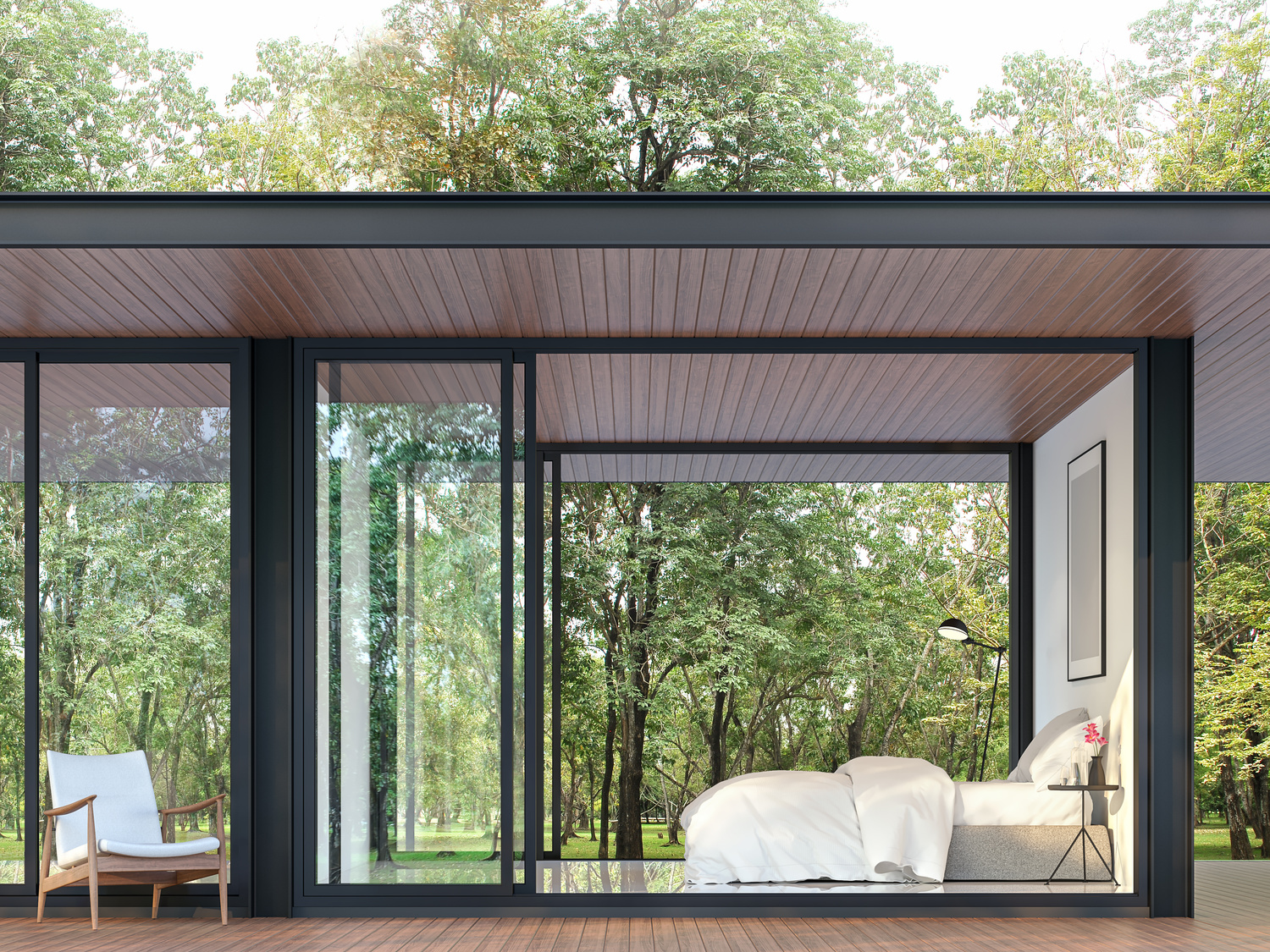 Modern bedroom in glass house 3d render